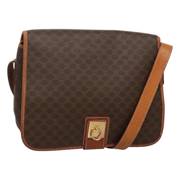 CELINE Macadam Canvas Shoulder Bag PVC Leather Brown Gold - Picture 1 of 15